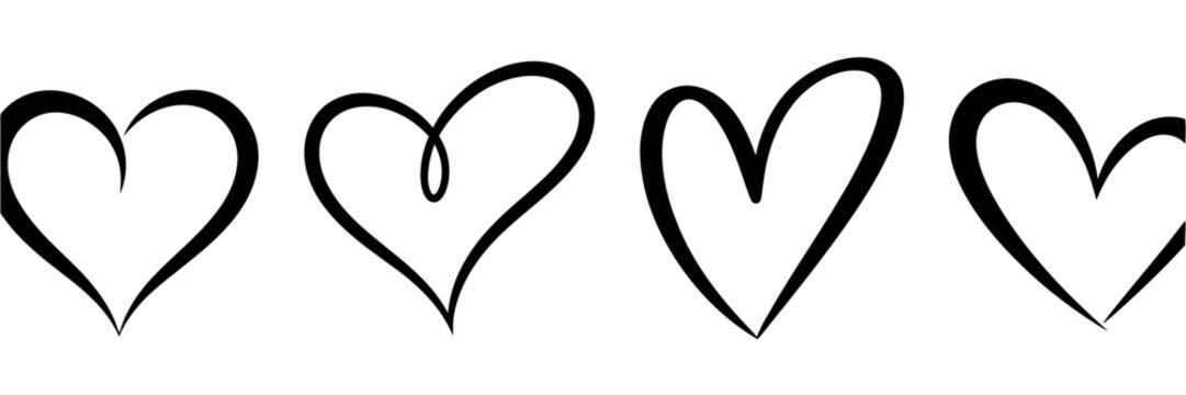 Four black heart shapes with a fifth heart shape with a swirl in the middle outline