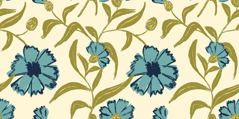Fototapeta premium Seamless Cream Background Floral Pattern with Teal Blue Flowers and Olive Leaves in Vintage Hand Drawn Style on a transparent background