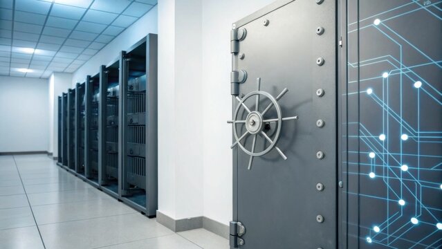 A high-security server room featuring multiple server racks and a large vault-style door, representing data protection and cybersecurity.