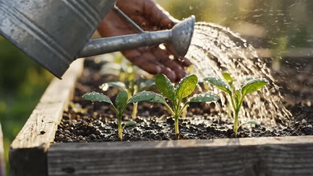 A gentle hand waters young green seedlings in a raised garden bed, symbolizing the nurturing process of sustainable growth and the vital connection to nature's cycle