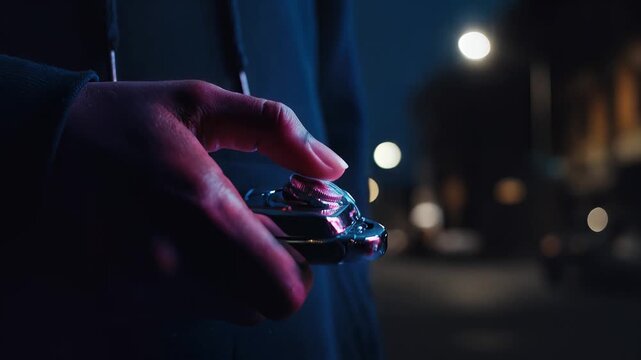 Mysterious Button at Night: A close-up shot of a person's hand pressing a button, illuminated by an unseen light source against a backdrop of the night.