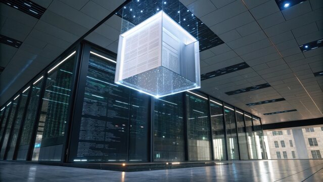 A futuristic, illuminated cube display suspended in a modern, glass-walled building with a sleek, reflective floor and a high ceiling with embedded lights.