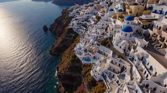 golden sunset santorini blue domes glowing over cliffside terraces, honeymoon couple strolling narrow alleys and sunlit rooftops, pools reflecting warm sky, dramatic caldera reflections, lively travel