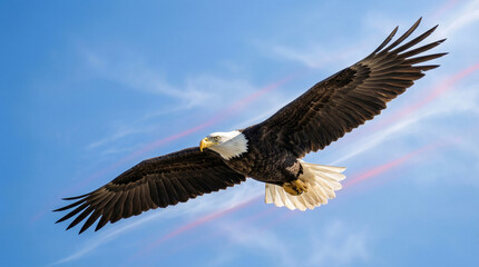 Obraz premium Bald Eagle Soaring High in Clear Blue Sky Patriotic Concept