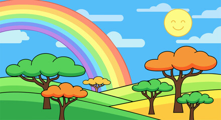 Fototapeta premium A vibrant rainbow stretching across a serene landscape with trees under a sunny sky