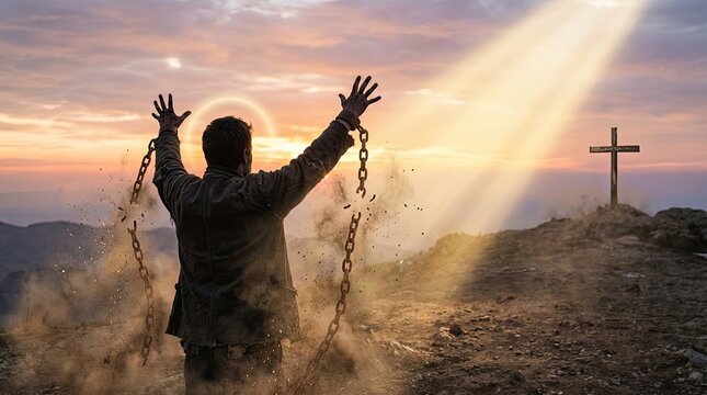 Freedom of person breaking chains under sky with God's presence concept. A person breaks free from chains under a divine light at sunset.