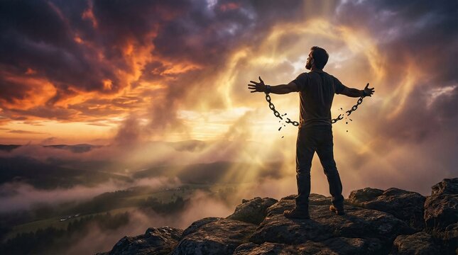 Freedom of person breaking chains under sky with God's presence concept. A person embraces freedom against a stunning sunset backdrop.