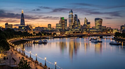 Fototapeta premium Stunning Evening Skyline of London City Over River Thames at Sunset with Vibrant Colors