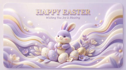 Życzenia Wielkanocne na pięknej kartce z wizerunkiem króliczka wielkanocnego i pisanek. Całość ilustracji utrzymana w kolorach fioletu i jasnego beżu.