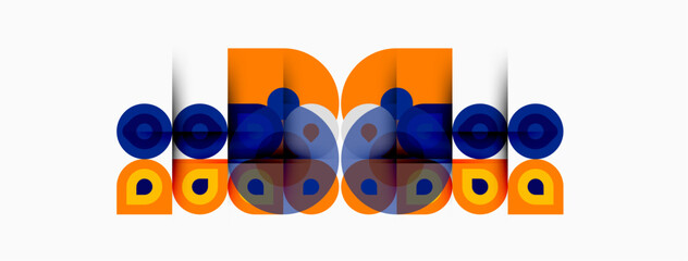 Fototapeta premium Abstract graphic design features orange, blue circles, numbers. Modern aesthetic, bold colors, simple shapes dominate composition.