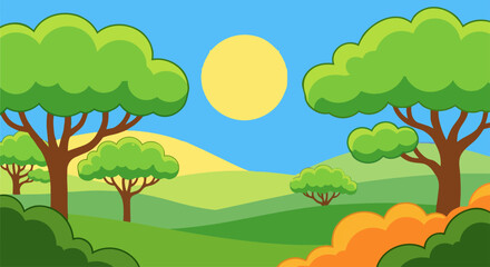 Serene landscape with trees, hills, and sun in a vibrant natural setting viewed from a distance