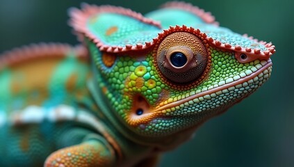 Fototapeta premium Close-up Macro Shot of a Vibrant Chameleon with Detailed Scales and Eyes.