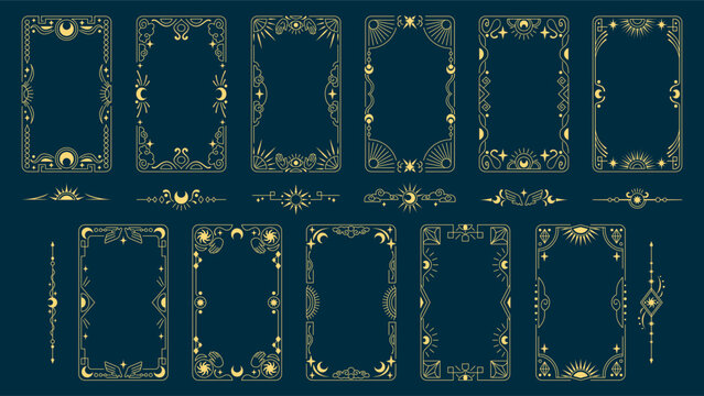 Magic tarot card frame with celestial border and golden design. Mystical pattern with stars, sun and moon symbols, vintage esoteric elements. Elegant ornate template for astrology and bohemian art.