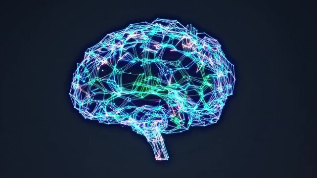 Glowing blue green brain network mapping animation, researcher visualizing connectome signals, delicate neon filaments trace synaptic pathways, slow rotation reveals hemispheric structure, dark studio