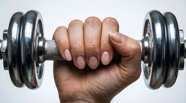 Close-up of a well-manicured hand firmly gripping a sleek chrome dumbbell for weight training.