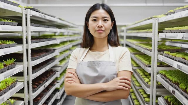 Asian female gardener with arms crossed in gray apron smiles confidently in a greenhouse filled with vibrant green plants and organized shelving units