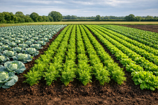 Mixed Vegetable Crops Growing In Organized Sections Across Fertile European Agricultural Field Under Mild Climate