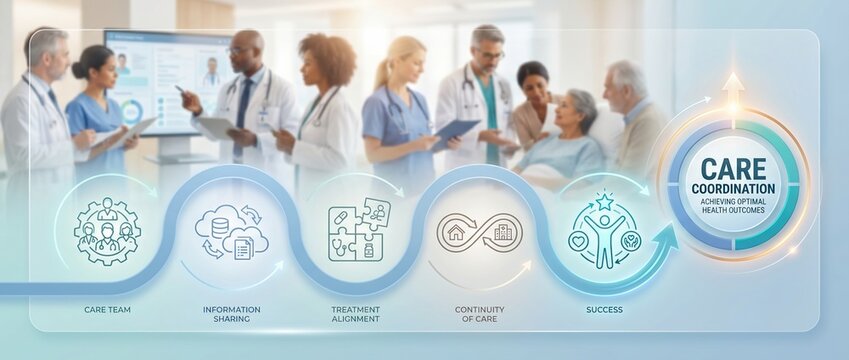 Care coordination, healthcare management, medical team, patient outcomes, hospital workflow, continuity of care, information sharing infographic of diverse doctors in a hospital.