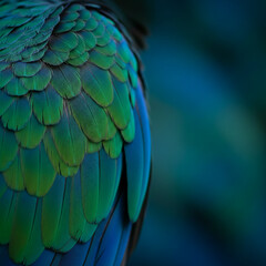Obraz premium Close-up of green and blue bird plumage, showcasing textured feather detail, representing natural beauty, vibrant color, and exotic wildlife element