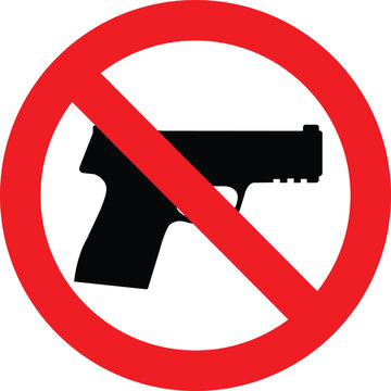 No Guns Allowed Sign with Pistol Silhouette in Red Prohibited Circle for Safety and Security