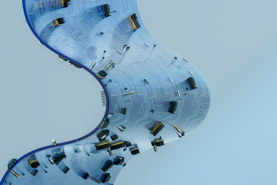 3D Curved Circuit Ribbon with microchip trace on blue