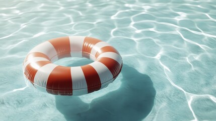 Naklejka premium A vibrant lifebuoy floating peacefully in calm water, symbolizing safety and security amidst tranquility, ideal for promoting relaxation and safety messages.