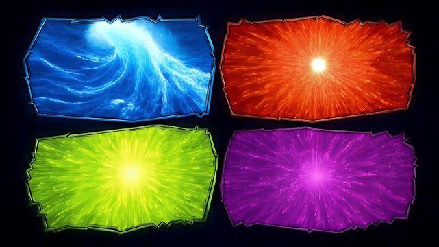 Four jagged-edged glowing portals display energetic swirls of color