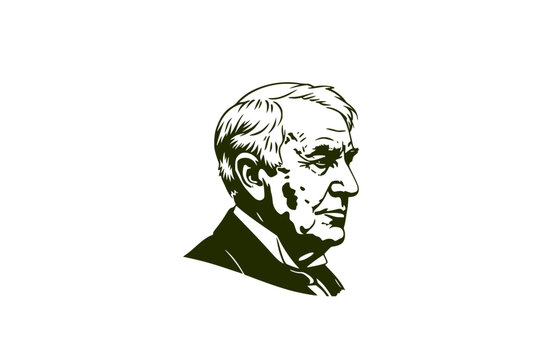 Thomas Edison Lightbulb Profile Silhouette, Inventor and Engineering Vector Sticker, Historical Innovation and STEM Illustration