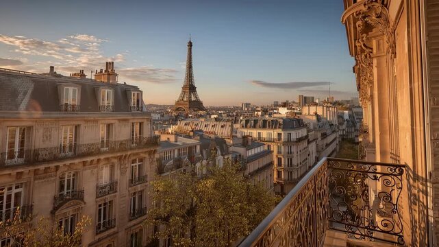Stunning Sunrise View of Eiffel Tower from Parisian Balcony Amidst An Elegant Cityscape