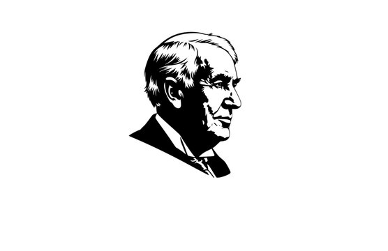 Thomas Edison Lightbulb Profile Silhouette, Inventor and Engineering Vector Sticker, Historical Innovation and STEM Illustration