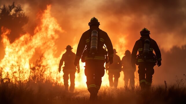 This powerful image depicts courageous firefighters walking through intense flames, embodying heroism and selflessness in the face of danger while highlighting the beauty of resilience.