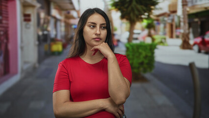 Fototapeta premium Woman with hand on chin and crossed arms standing on a street in a city near shops, wearing red top, looking sideways; thoughtful reflection decision.