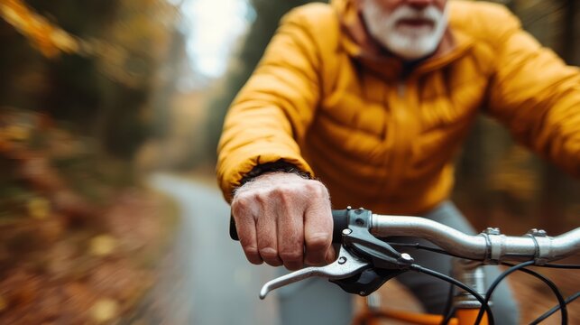 An elderly man in a bright jacket rides a bicycle through a colorful autumn forest, capturing the essence of adventure, vitality, and the beauty of nature at any age.