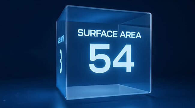 Blue translucent cube displays "SURFACE AREA 54" and "DEPTH 3