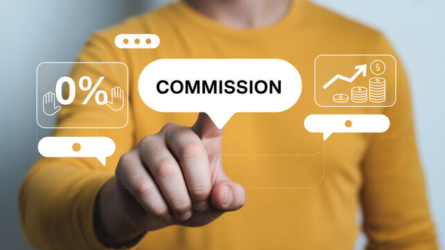 Man points to a digital display advertising zero percent commission rates and financial growth
