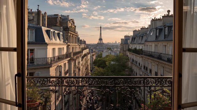 Scenic View From a Balcony Overlooking Parisian Streets with Eiffel Tower at Sunset