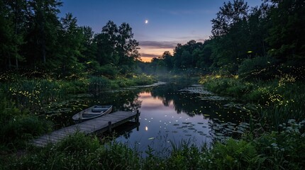Obraz premium Serene twilight scene with glowing fireflies over a tranquil lake and wooden dock