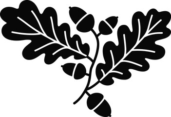 Oak leaves and acorns silhouette branch, autumn forest botanical element, nature icon, black and white vector illustration design © David  Creations
