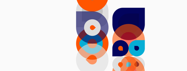 Fototapeta premium Abstract geometric shapes overlap, creating colorful patterns. Circles, squares, rounded rectangles dominate composition. Minimalist design, modern aesthetic.