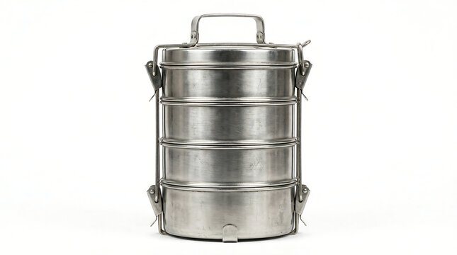 Stainless steel tiffin carrier, a traditional stackable multi-tiered lunch box used for carrying home-cooked meals in India, Sri Lanka, and Southeast Asia, isolated on white background.