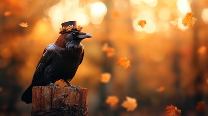 Fototapeta premium A striking raven adorned with a stylish hat sits atop a log, surrounded by falling autumn leaves, capturing the essence of nature's beauty and the charm of the season.