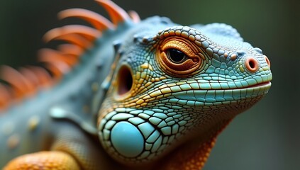 Fototapeta premium Close-up Portrait of a Vibrant Green Iguana with Orange Spikes.