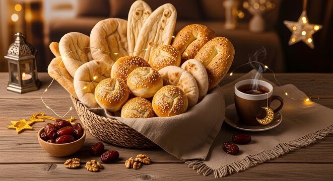 Cozy breakfast scene with assorted breads in a wicker basket steaming cup of coffee and dried fruits on a rustic wooden table with warm lighting and festive decorations