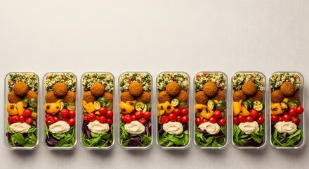 Naklejka premium Row of seven healthy meal prep containers featuring falafel, hummus, vegetables, and grain salad aligned horizontally.