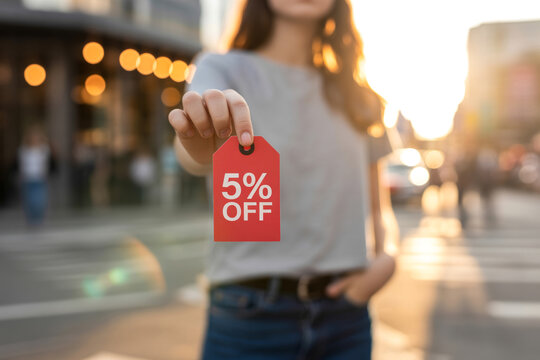 Woman holding a red tag displaying a five percent off discount outdoors