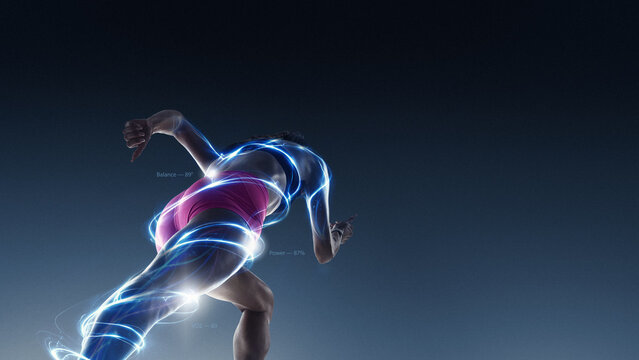 Futuristic composition female sprinter surrounded by glowing biomechanical light effects in motion. Concept of data driven training, balance metrics and high performance analytics.