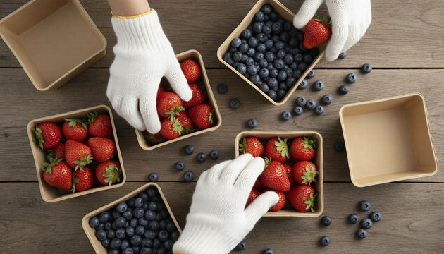 Hands in gloves sorting organic strawberries and blueberries into eco-friendly boxes