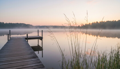 Obraz premium Image shows a wooden dock extending into a calm lake at dawn, under foggy sky, representing tranquility and escape to nature, ideal for peace concepts