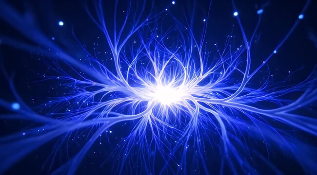 Glowing blue neural network with bright center on dark background