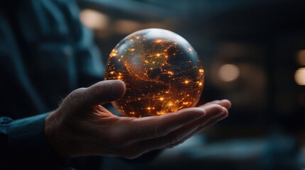 Fototapeta premium A figure grasps a luminescent globe, symbolizing global connectivity, technology, and the digital age, as vibrant lines represent communication networks and interconnectivity.